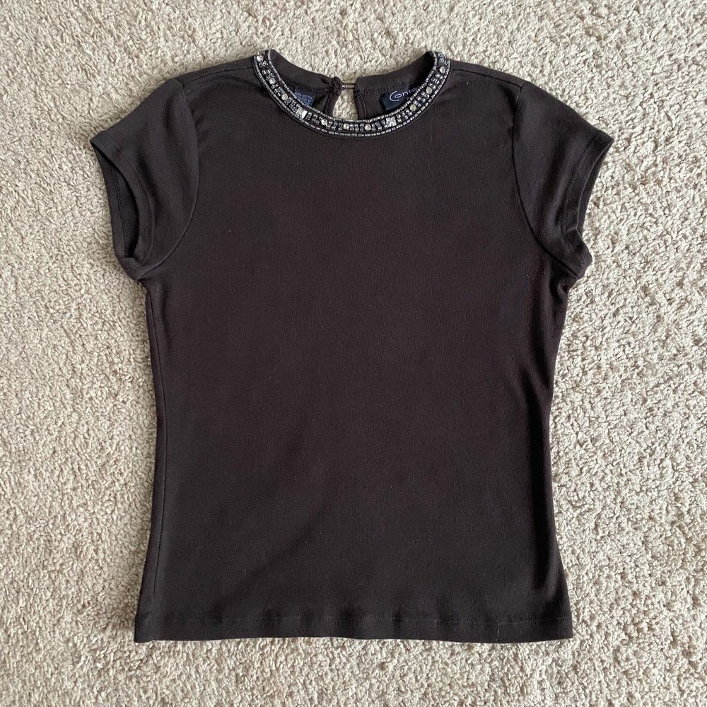 🌻 🌸 Context Brown T-Shirt with Rhinestone Collar – Sz PS – Like New